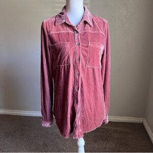 Umgee Chenille Button Front Long Sleeve Shirt Large Dusty Pink